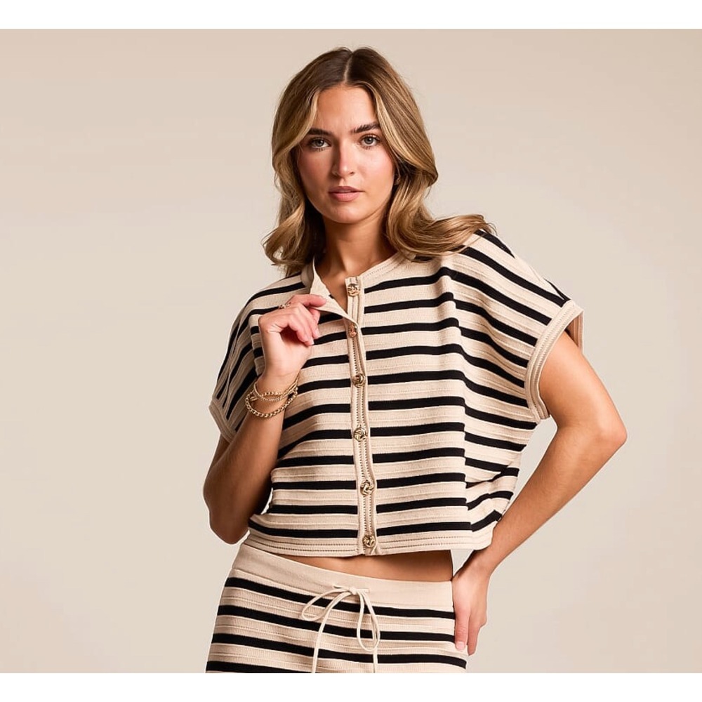 Z Supply Everly Striped Cotton Knit Button Front Cap Sleeve Top Beige‎ Black